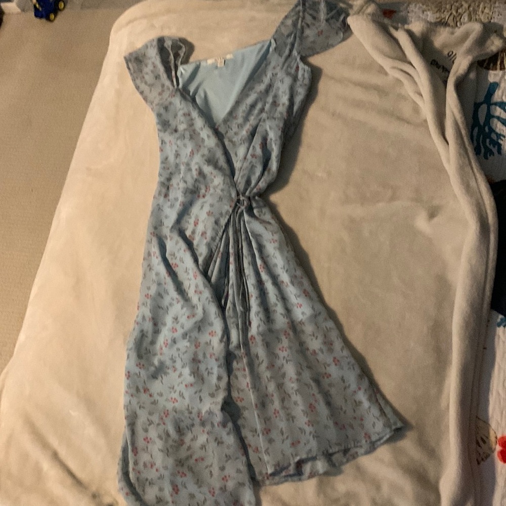 Pretty blue dress with re roses. It’s a wrap around tie dress.